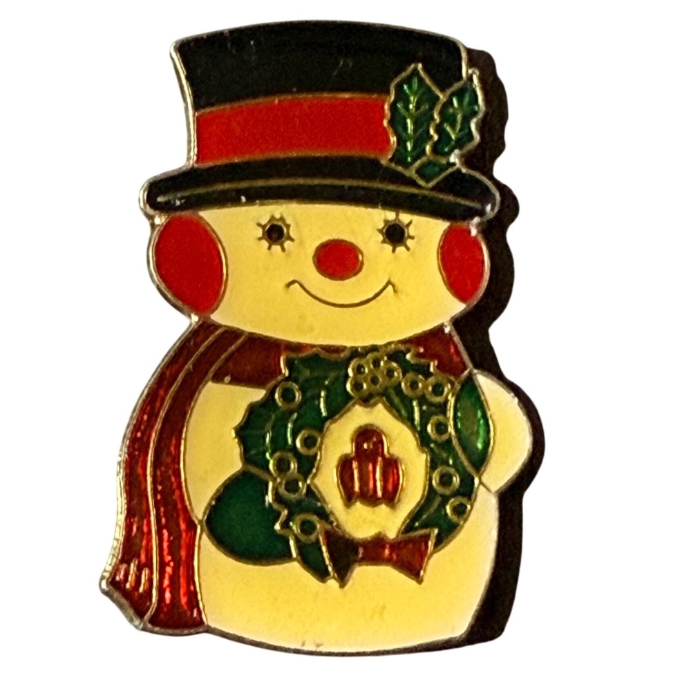 Enamel Snowman Pin With Wreath Hat Scarf Christmas Holiday Lapel Accessory